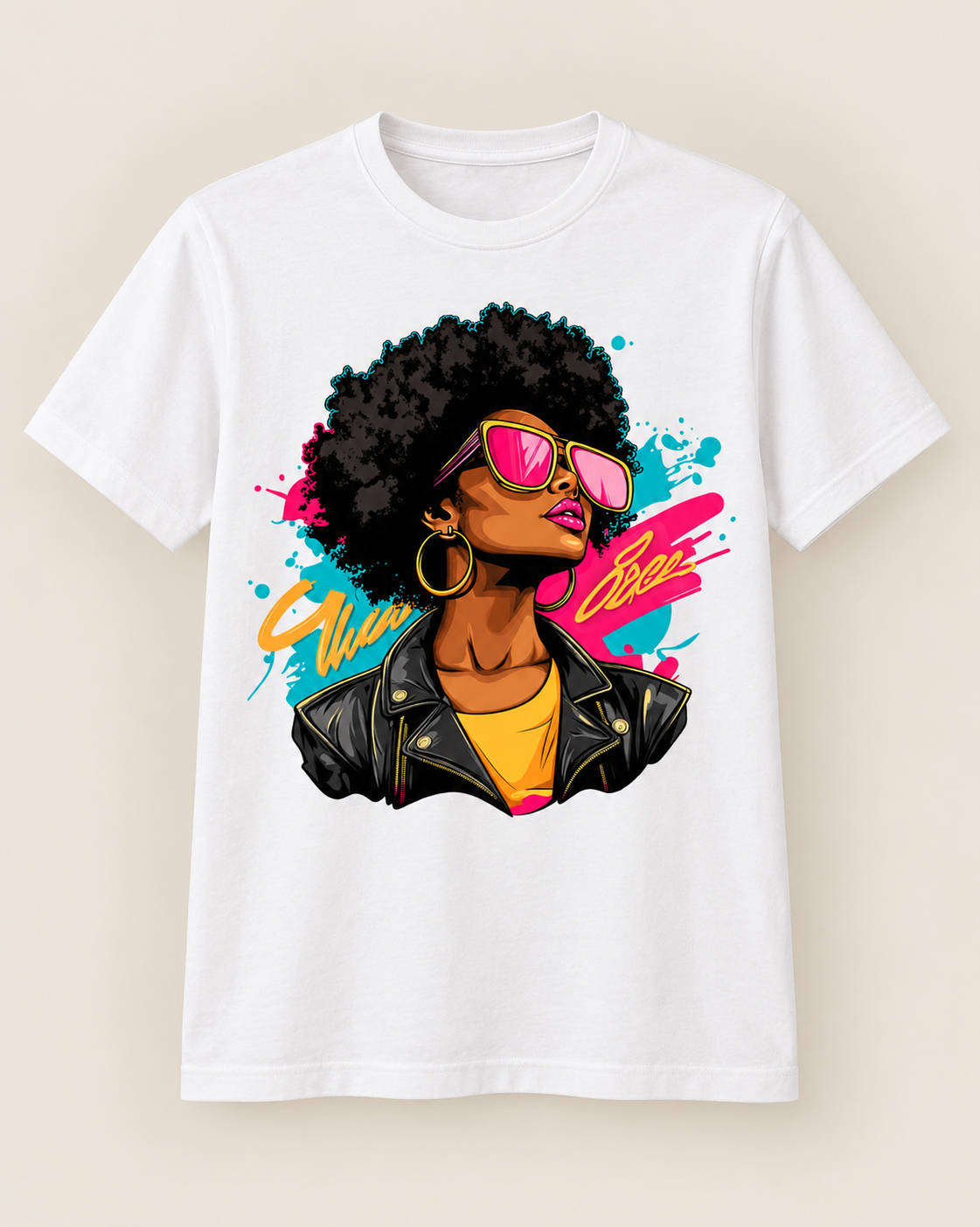 Pink Shades Afro in White — Fitted T