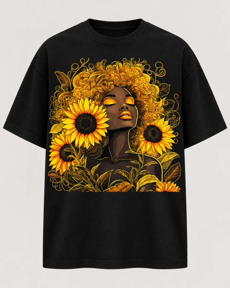 Golden Sunflower Muse in Black — oversized front
