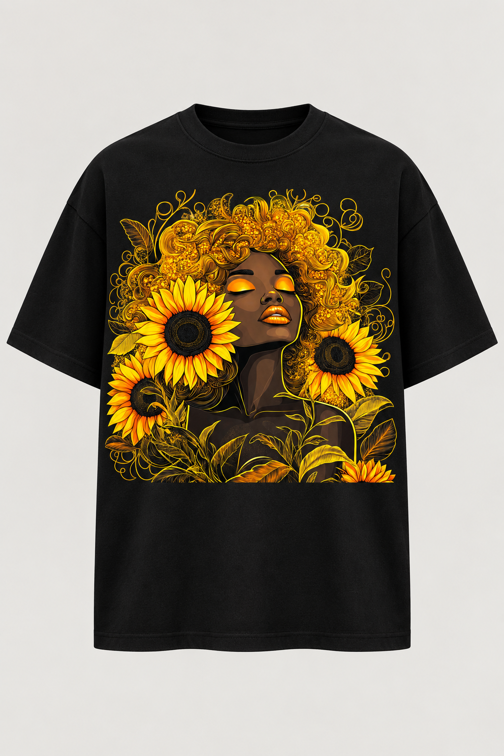 Golden Sunflower Muse in Black — oversized front