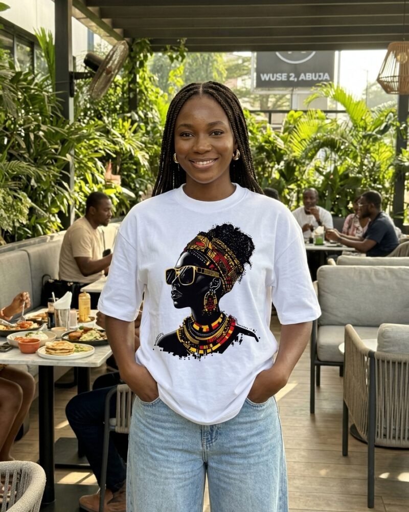Stylish Nigerian woman in Wuse 2 Abuja wearing the Shakara Drip Ankara Static oversized white graphic tee