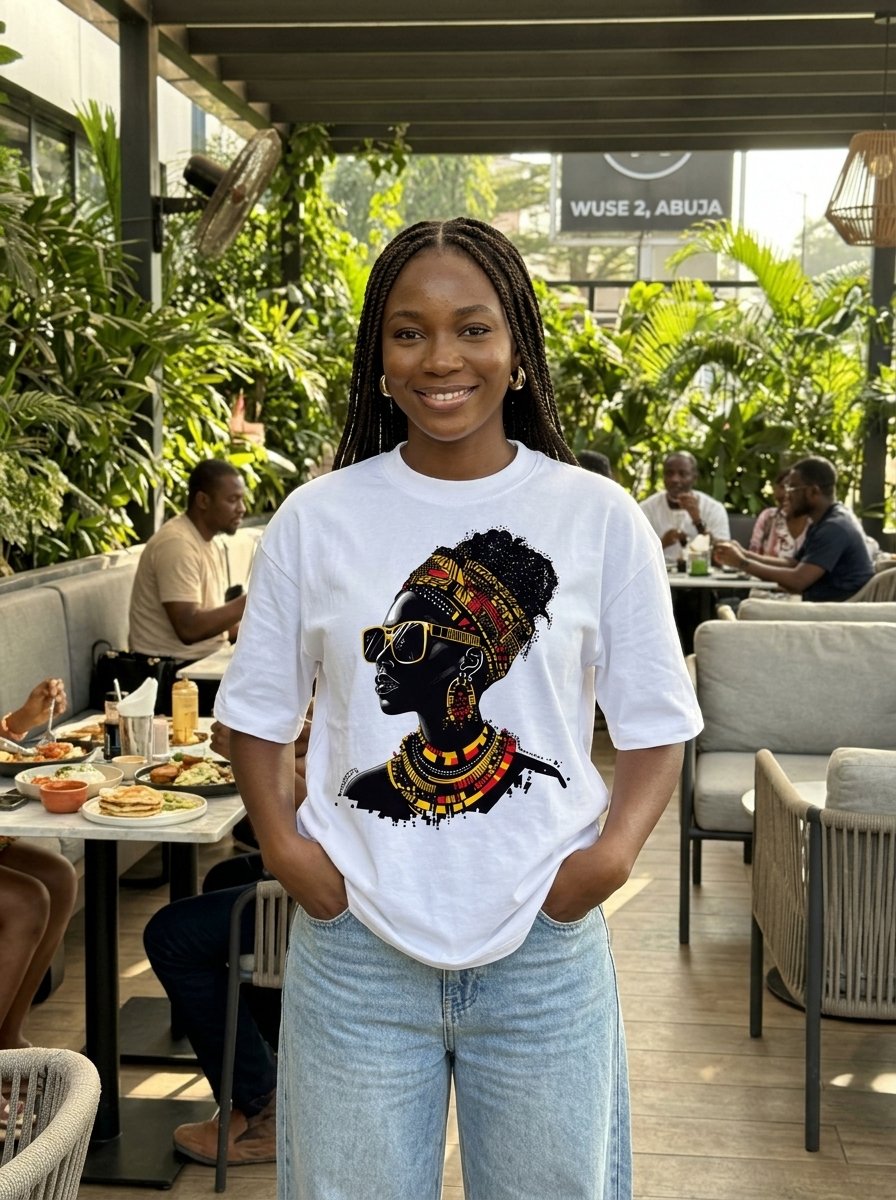 Stylish Nigerian woman in Wuse 2 Abuja wearing the Shakara Drip Ankara Static oversized white graphic tee