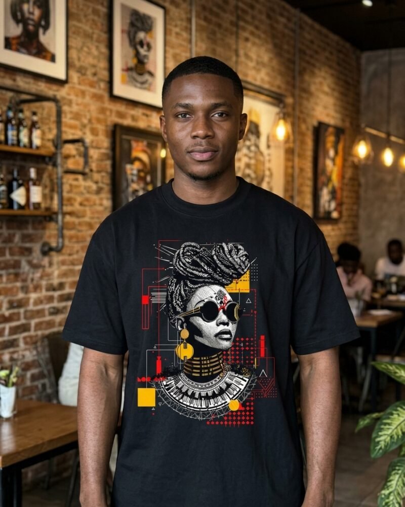Young Nigerian man in Jabi Abuja wearing the Shakara Drip Bantu Knot Blueprint oversized black graphic tee