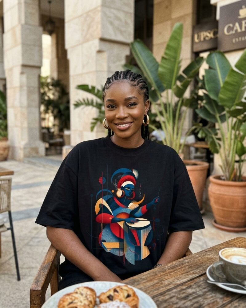 Blue Gele Beat oversized black graphic tee worn in Abuja café patio look — Shakara Drip