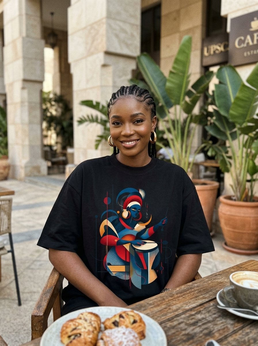Blue Gele Beat oversized black graphic tee worn in Abuja café patio look — Shakara Drip