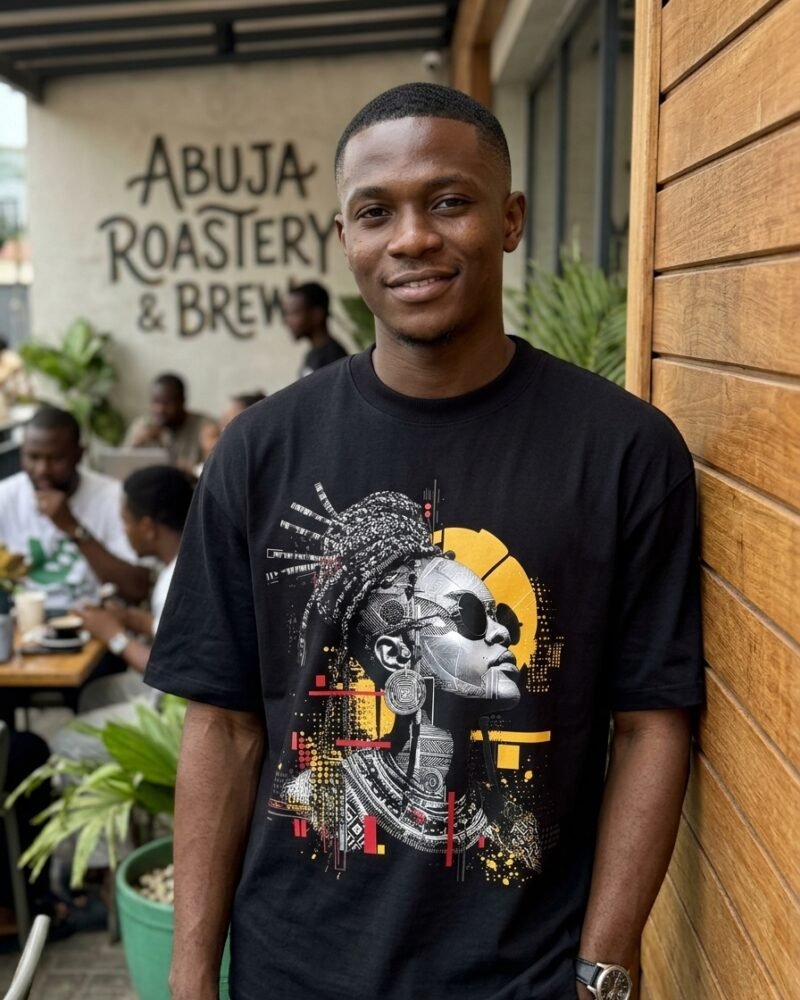 Young Nigerian man in Wuse 2 Abuja wearing the Shakara Drip Braided Halo oversized black graphic tee