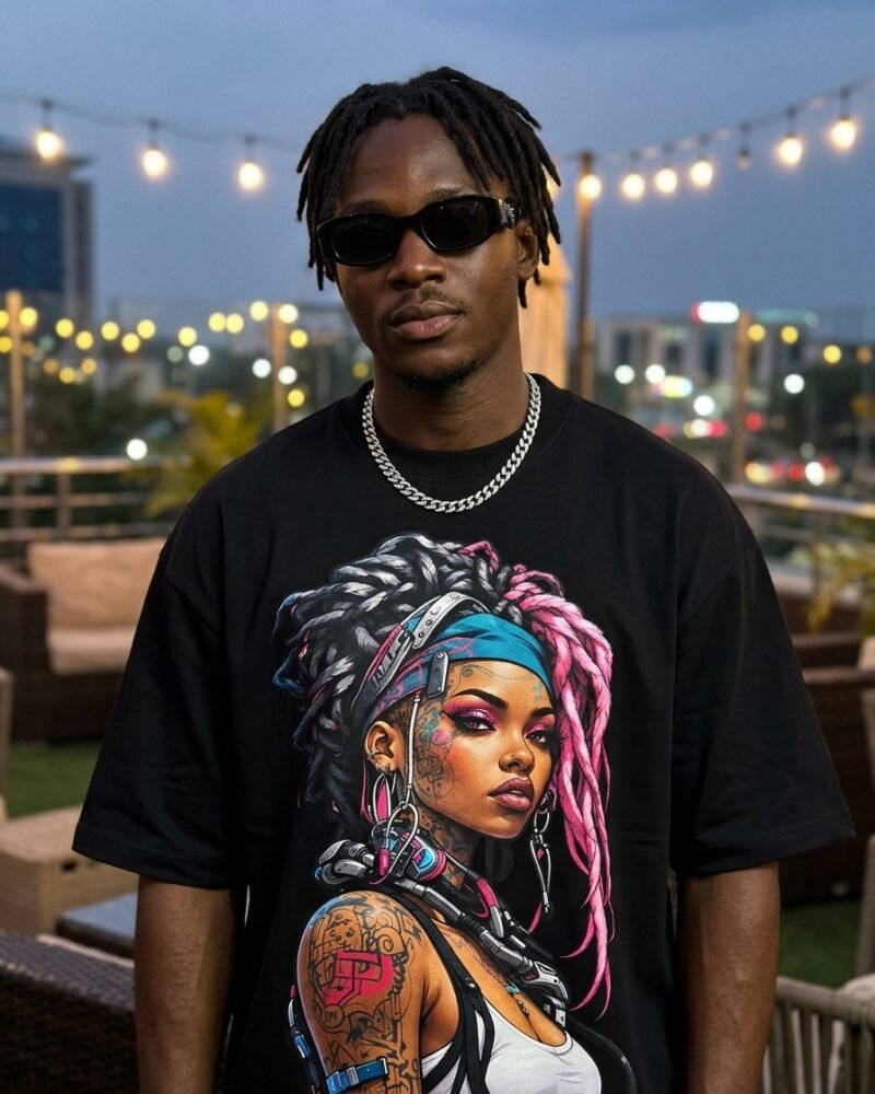 Chrome Locs 1 graphic tee worn in Abuja night streetwear look — Shakara Drip