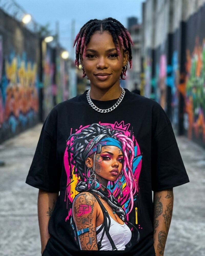 Stylish Nigerian woman in Abuja wearing the Shakara Drip Chrome Locs 2 oversized black graphic tee