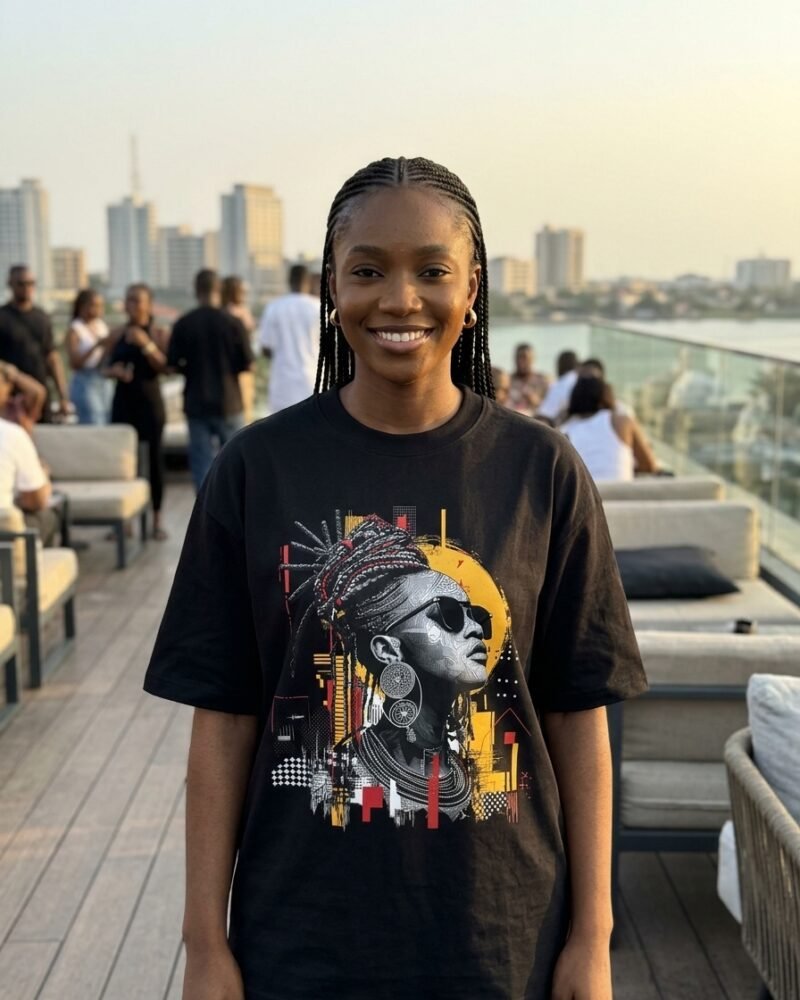 Young Nigerian woman in Victoria Island Lagos wearing the Shakara Drip Concrete Crown oversized black graphic tee