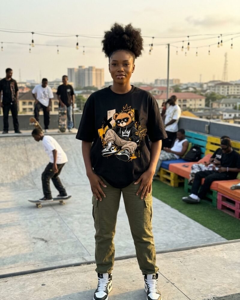 Stylish Nigerian woman in Lekki Phase 1 Lagos wearing the Shakara Drip Crown Hoodie Bear oversized black graphic tee