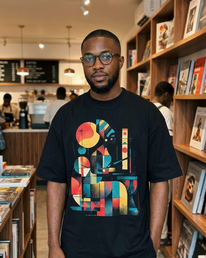 Young Nigerian man in an Abuja bookshop cafe wearing the Shakara Drip Cubist Rhythm oversized black graphic tee