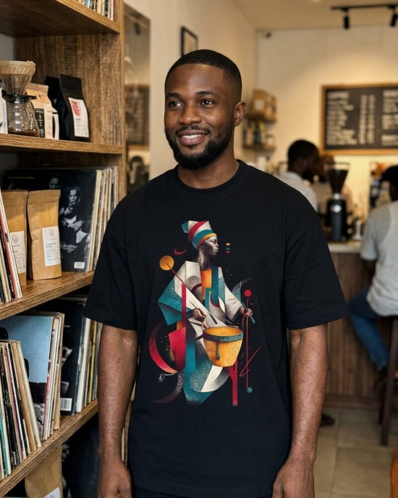 Young Nigerian man in Jabi Abuja wearing the Shakara Drip Elder Drummer oversized black graphic tee