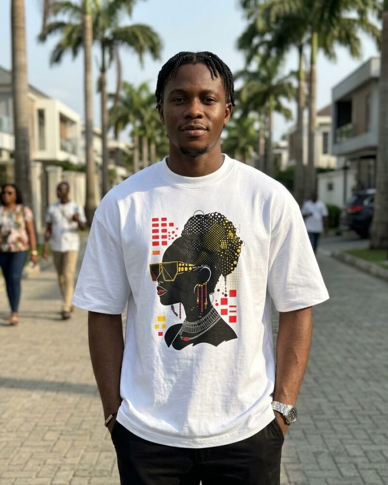 Young Nigerian man in Ikoyi Lagos wearing the Shakara Drip Gold Shades Noir oversized white graphic tee