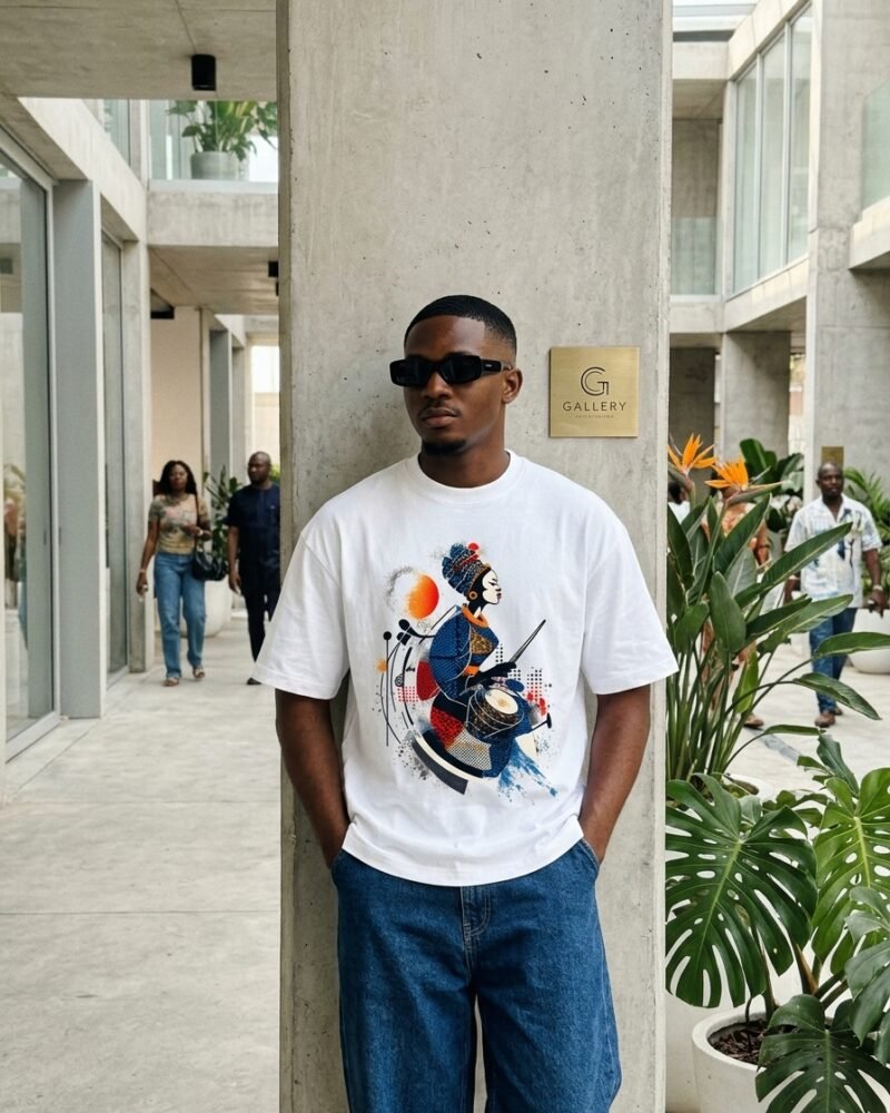 Young Nigerian man in Victoria Island Lagos wearing the Shakara Drip Halftone Beat oversized white graphic tee