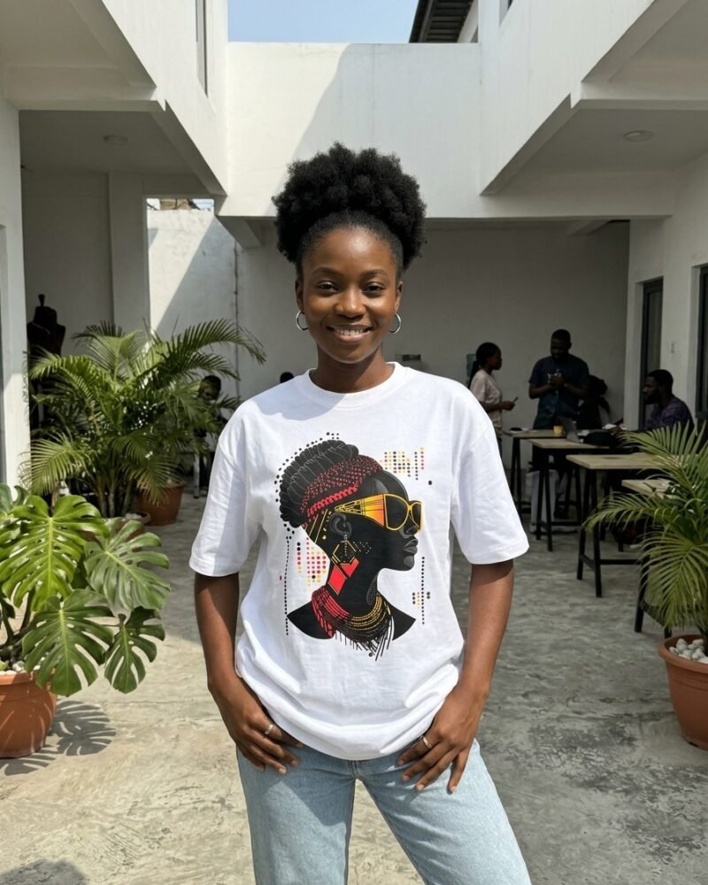Stylish Nigerian woman in Lekki Phase 1 Lagos wearing the Shakara Drip Headwrap Signal oversized white graphic tee