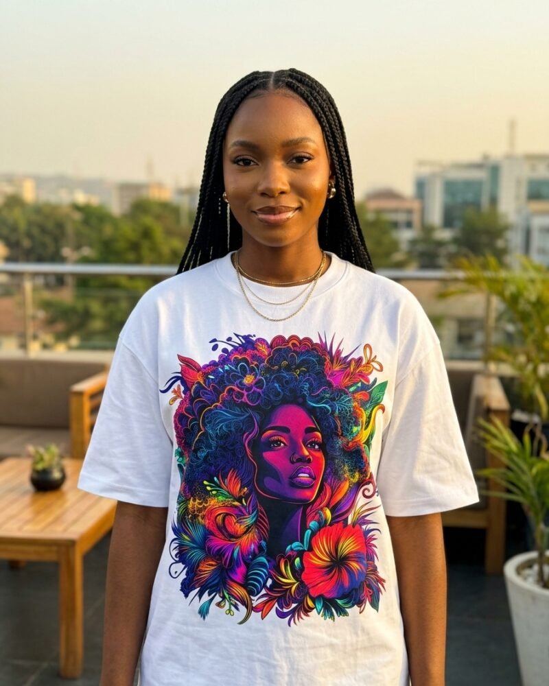 Hibiscus Night oversized white graphic tee worn in Abuja rooftop look — Shakara Drip