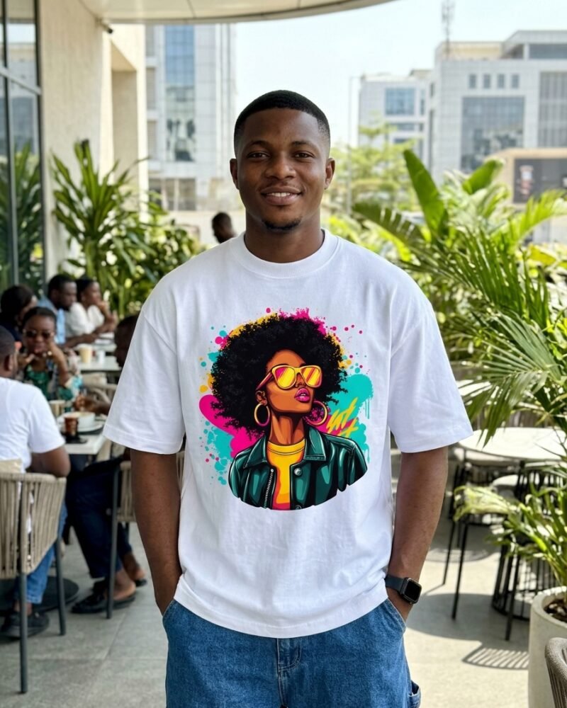 Stylish Nigerian man in Wuse 2 Abuja wearing the Shakara Drip Jacket Afro 1 oversized white graphic tee