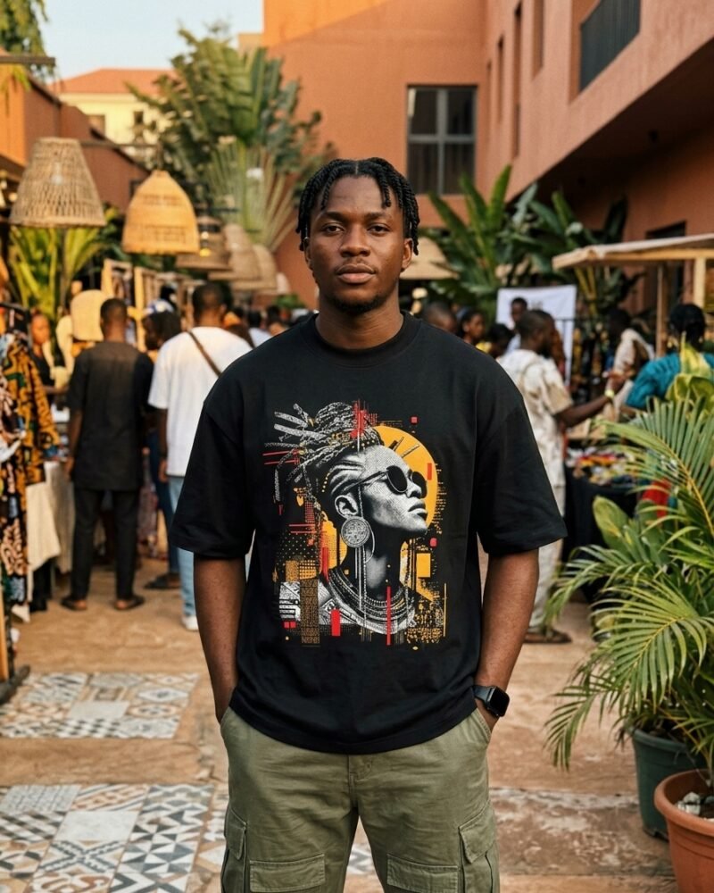 Young Nigerian man in Maitama Abuja wearing the Shakara Drip Locs and Sun oversized black graphic tee