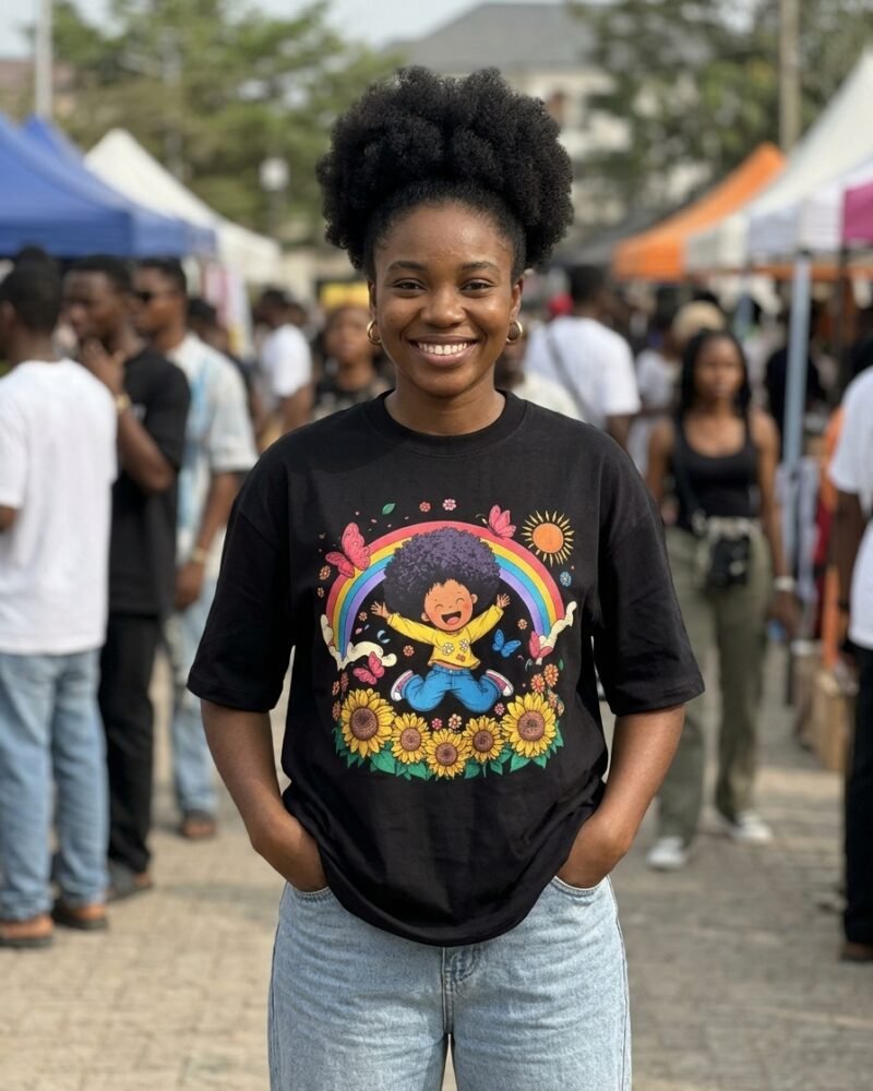 Cheerful Nigerian woman in Wuse 2 Abuja wearing the Shakara Drip Rainbow Joy 1 oversized black graphic tee
