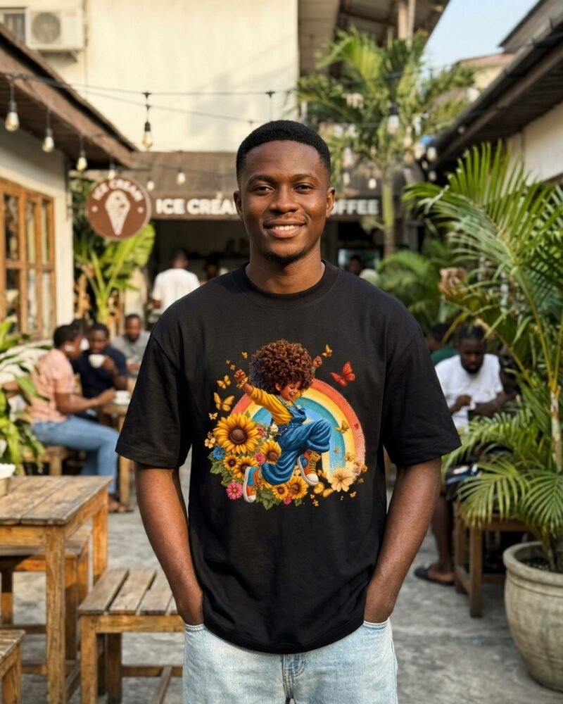 Young Nigerian man in Lekki Phase 1 Lagos wearing the Shakara Drip Rainbow Joy 2 oversized black graphic tee