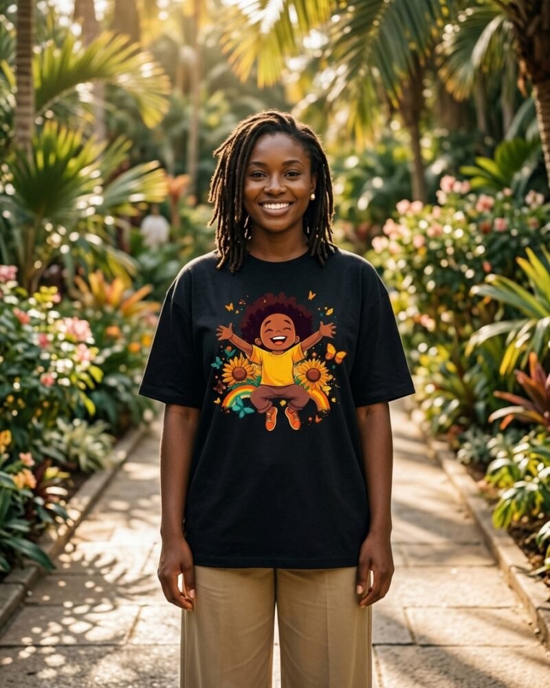 Radiant Nigerian woman in Maitama Abuja wearing the Shakara Drip Rainbow Joy 3 oversized black graphic tee