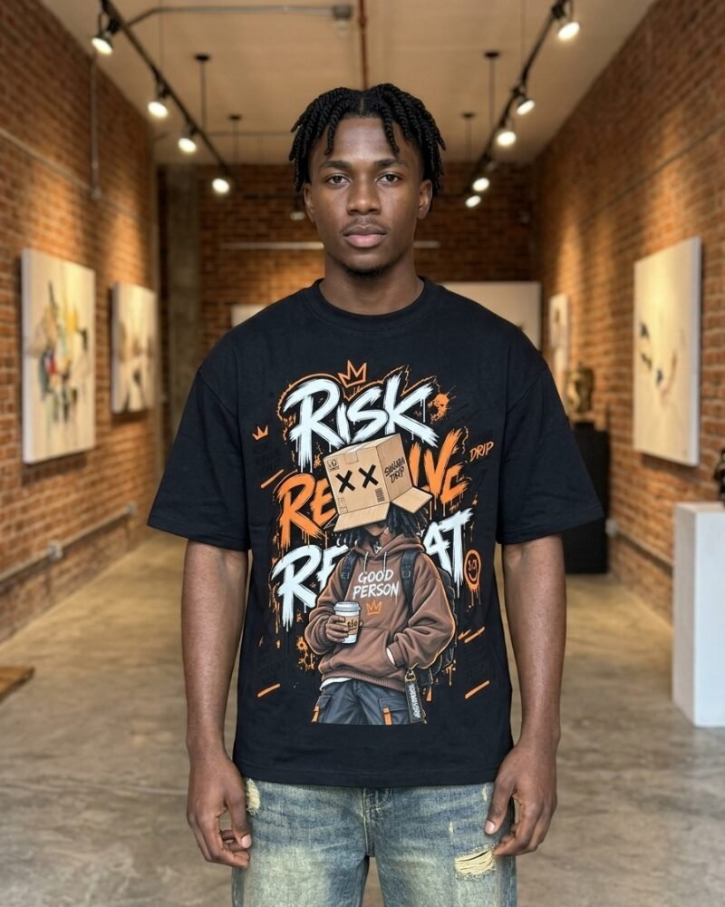 Risk Resolve Repeat oversized graphic tee worn in Abuja gallery streetwear look — Shakara Drip