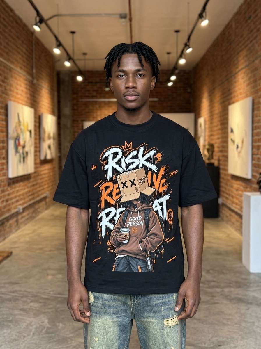 Risk Resolve Repeat oversized graphic tee worn in Abuja gallery streetwear look — Shakara Drip
