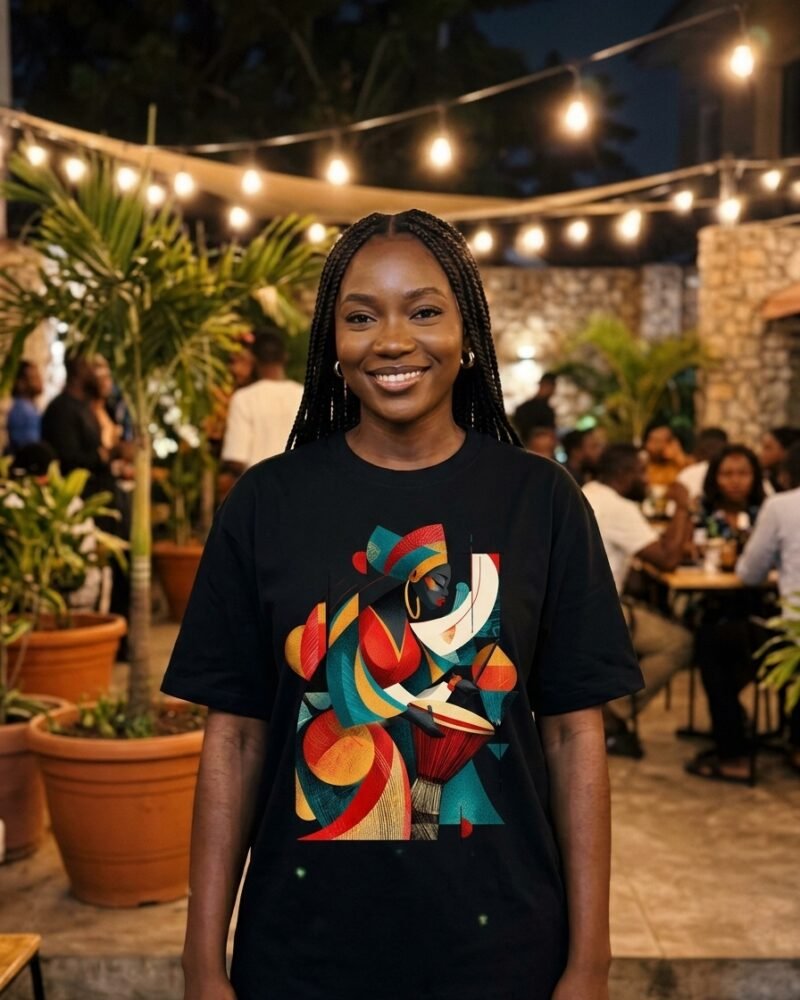 Young Nigerian woman in Wuse 2 Abuja wearing the Shakara Drip Scarlet Conga oversized black graphic tee