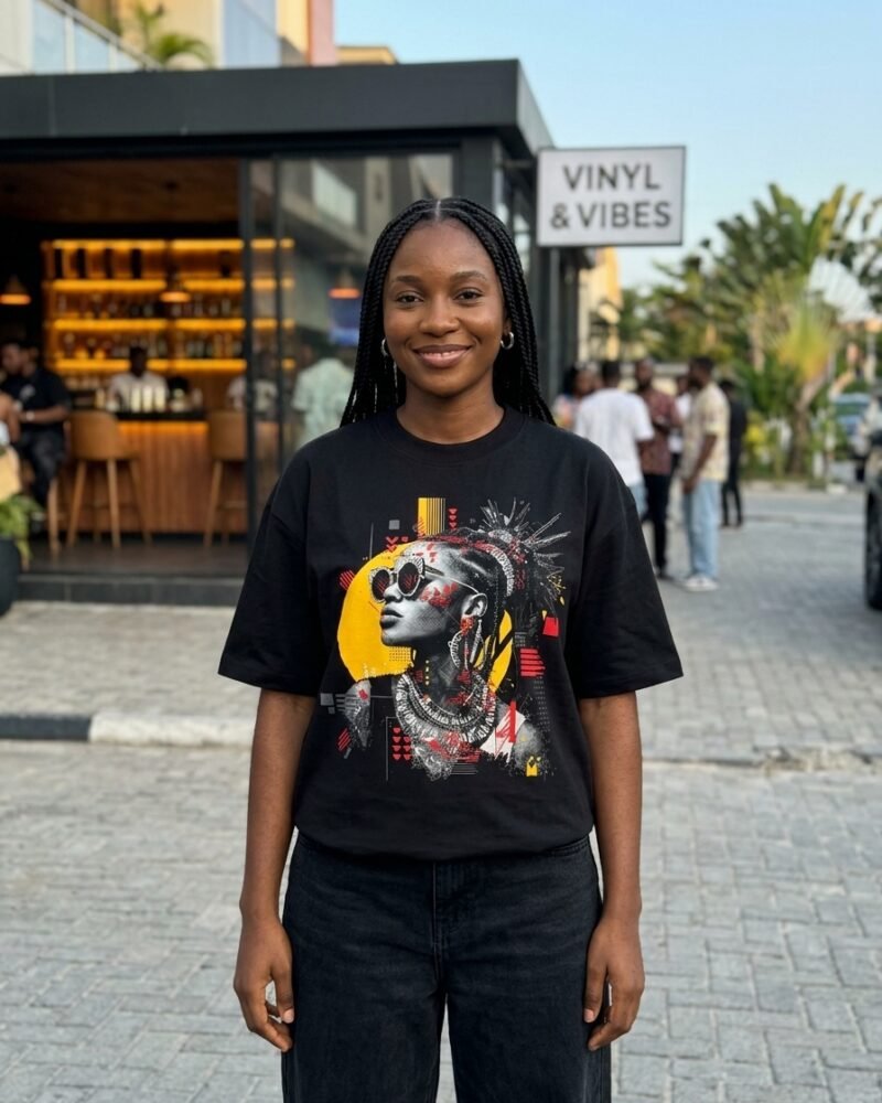 Stylish Nigerian woman in Victoria Island Lagos wearing the Shakara Drip Spiked Halo oversized black graphic tee