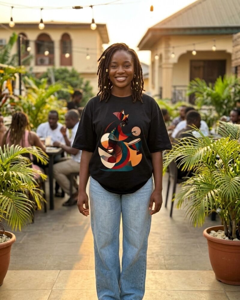 Young Nigerian woman in Ikoyi Lagos wearing the Shakara Drip Swirl and Sway oversized black graphic tee