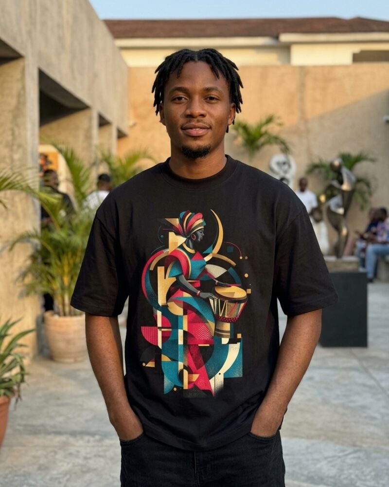 Young Nigerian man in Maitama Abuja wearing the Shakara Drip Tall Beat oversized black graphic tee