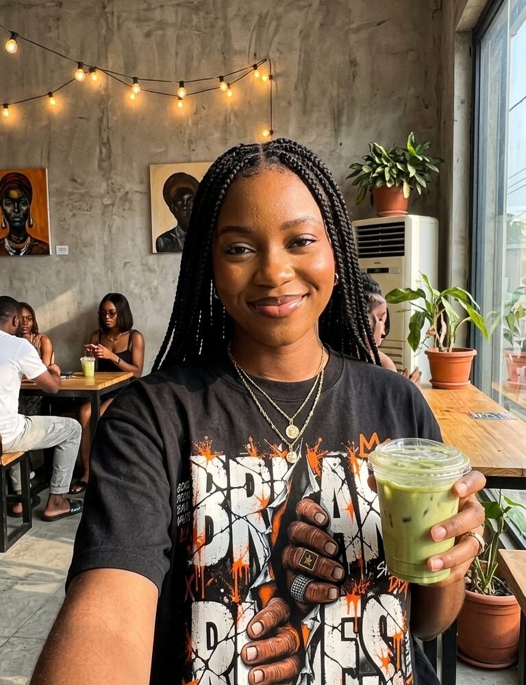 Break Rules graphic tee worn in Abuja cafe and rooftop streetwear look — Shakara Drip