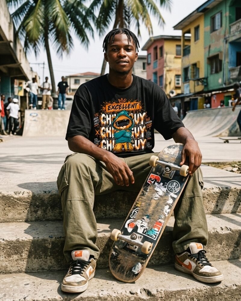 Embrace the Vibe graphic tee worn in skater streetwear look — Shakara Drip