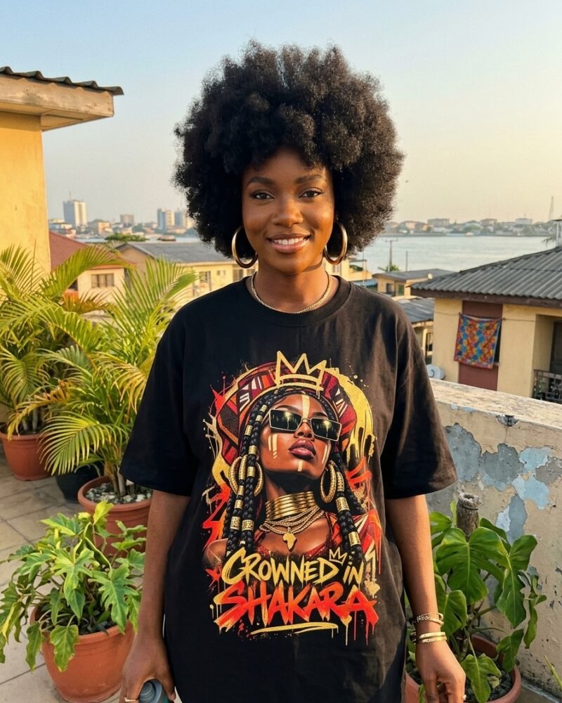 Crowned in Shakara graphic tee worn in golden hour streetwear look — Shakara Drip