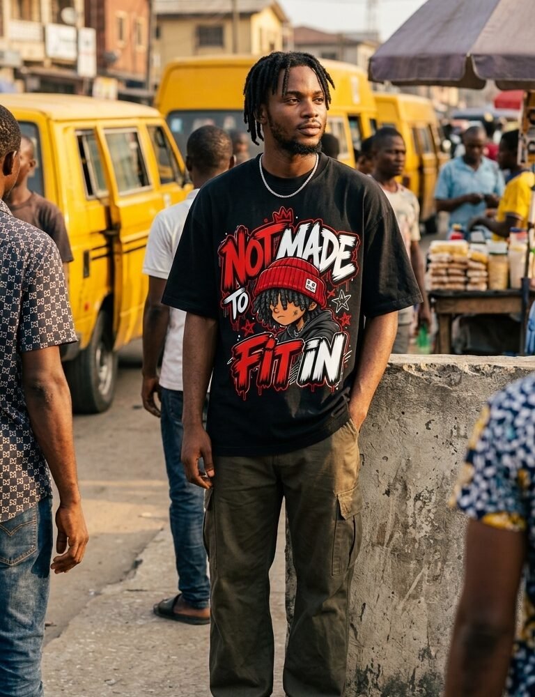 Not Made to Fit In graphic tee worn in Abuja street look — Shakara Drip