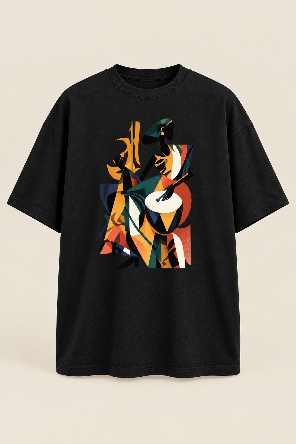 Dancing Drummer graphic tee in Black, oversized, front