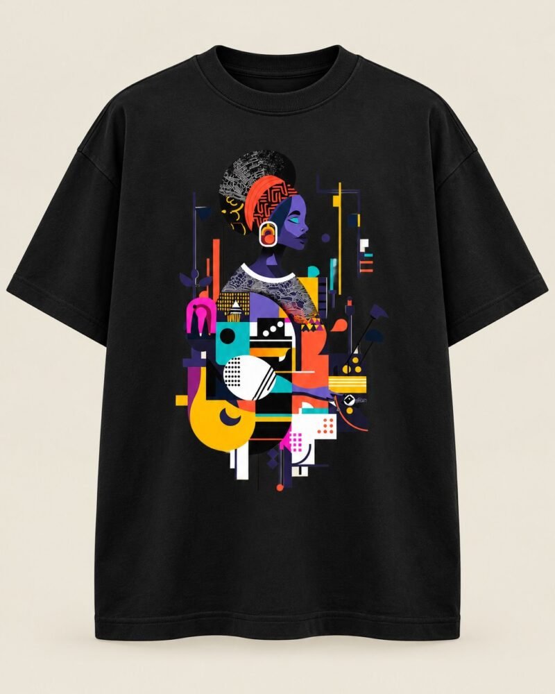 Pixel Gele graphic tee in Black, oversized, front