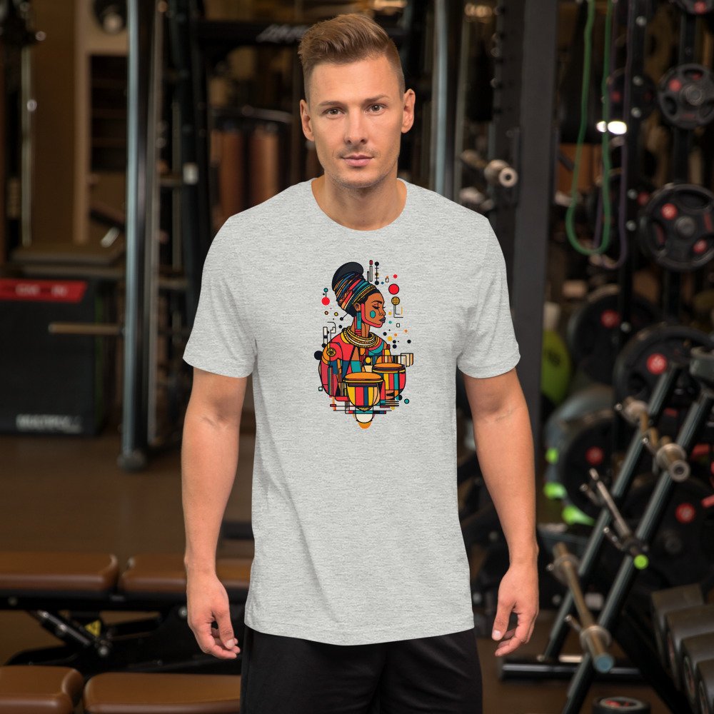 Double Conga graphic tee, Fitted T in Grey, worn by a man