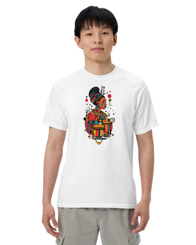 Double Conga graphic tee, Heavy T in White, worn by a man