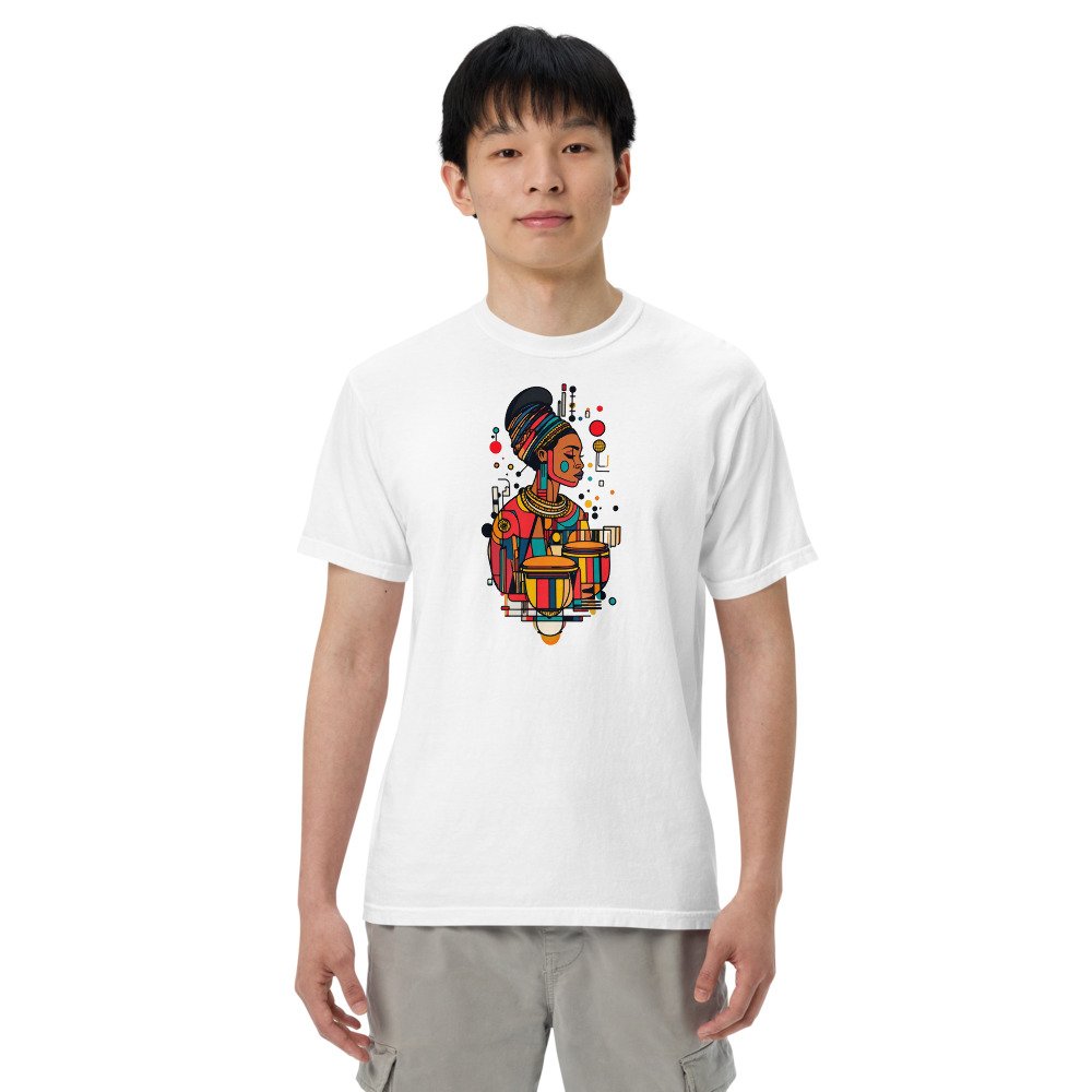 Double Conga graphic tee, Heavy T in White, worn by a man