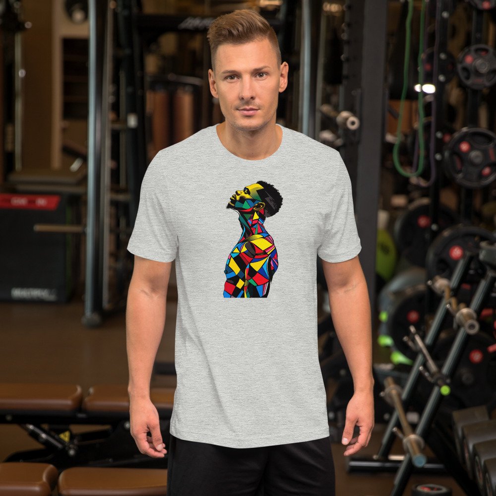 Harlequin Rise graphic tee, Fitted T in Grey, worn by a man