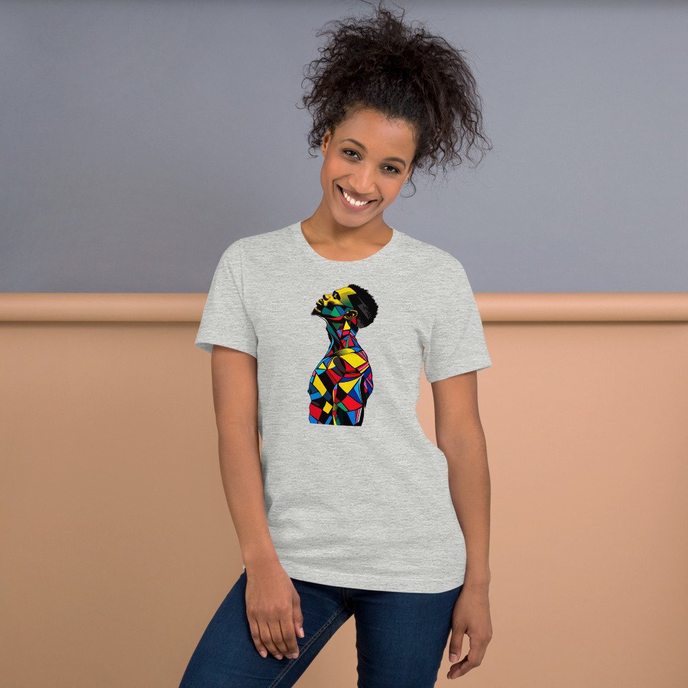 Harlequin Rise graphic tee, Fitted T in Grey, worn by a woman