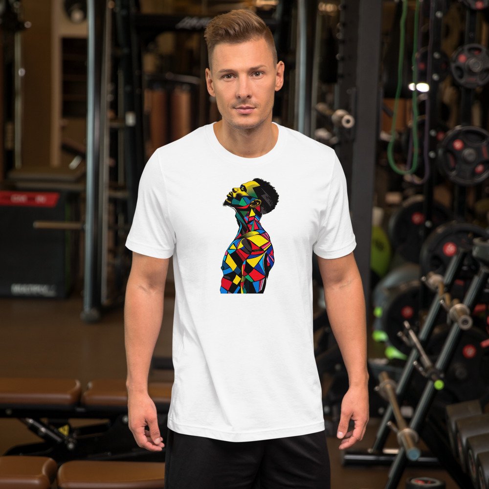 Harlequin Rise graphic tee, Fitted T in White, worn by a man