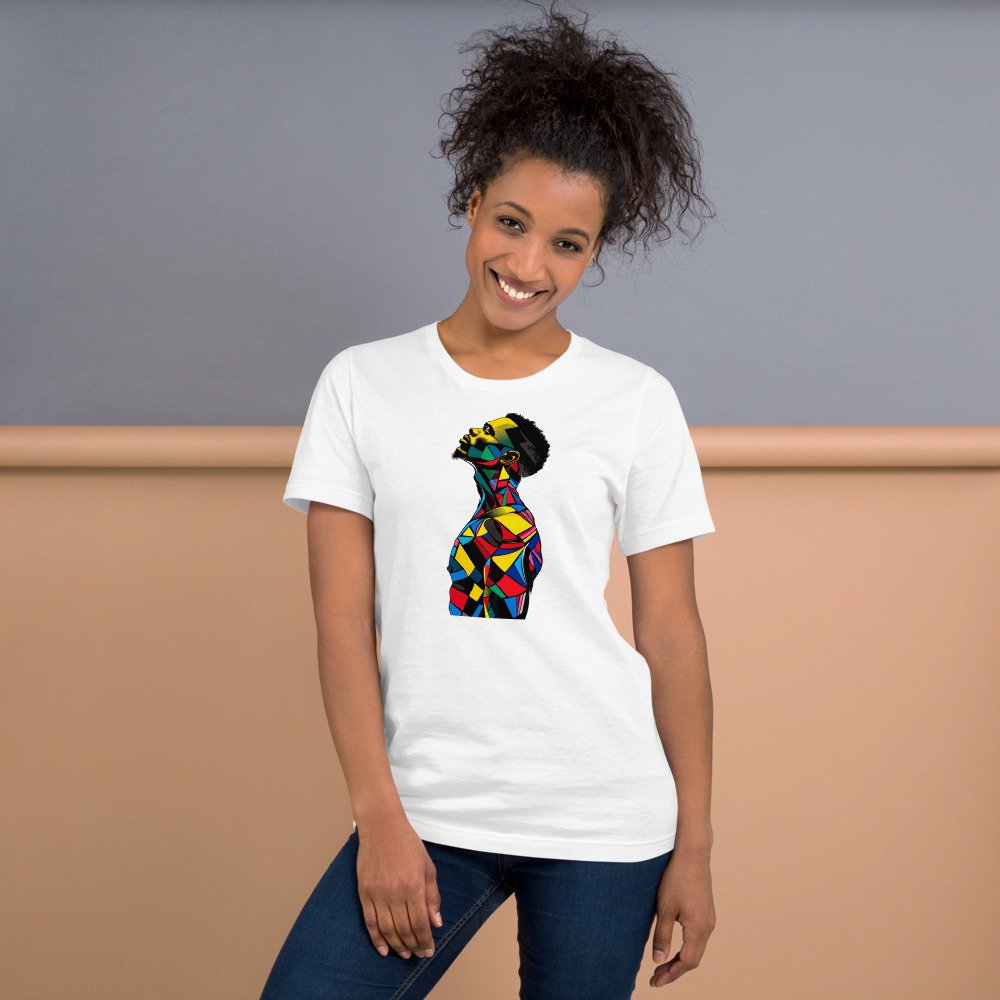 Harlequin Rise graphic tee, Fitted T in White, worn by a woman