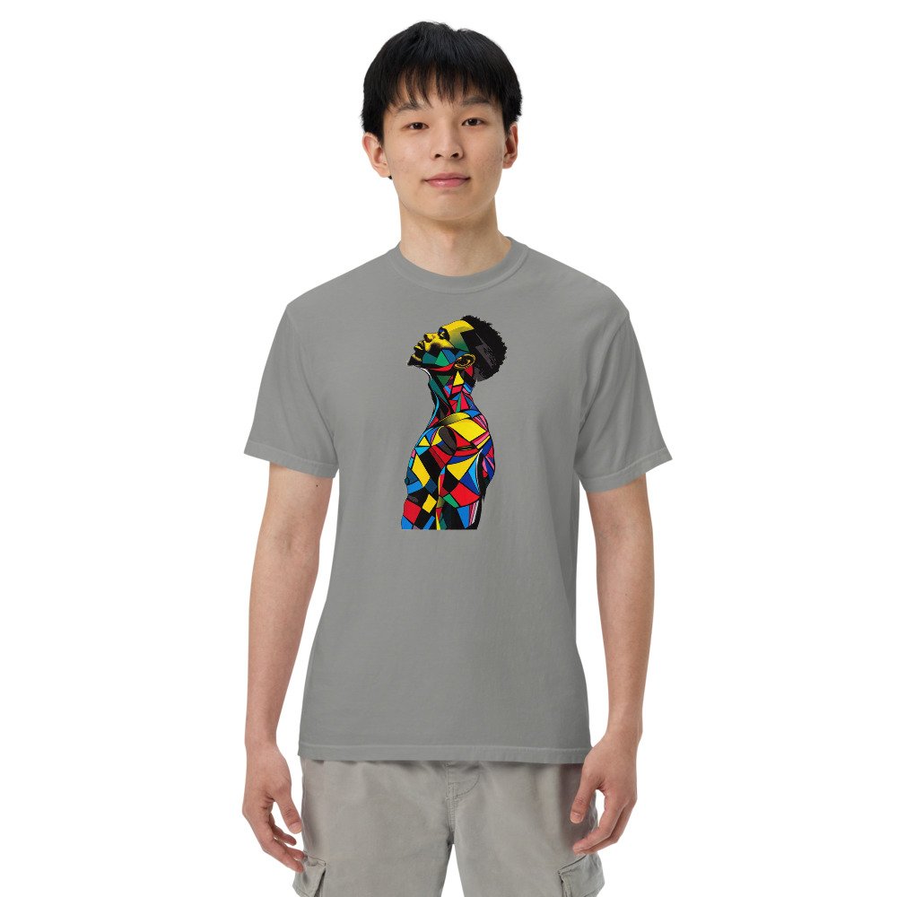Harlequin Rise graphic tee, Heavy T in Grey, worn by a man