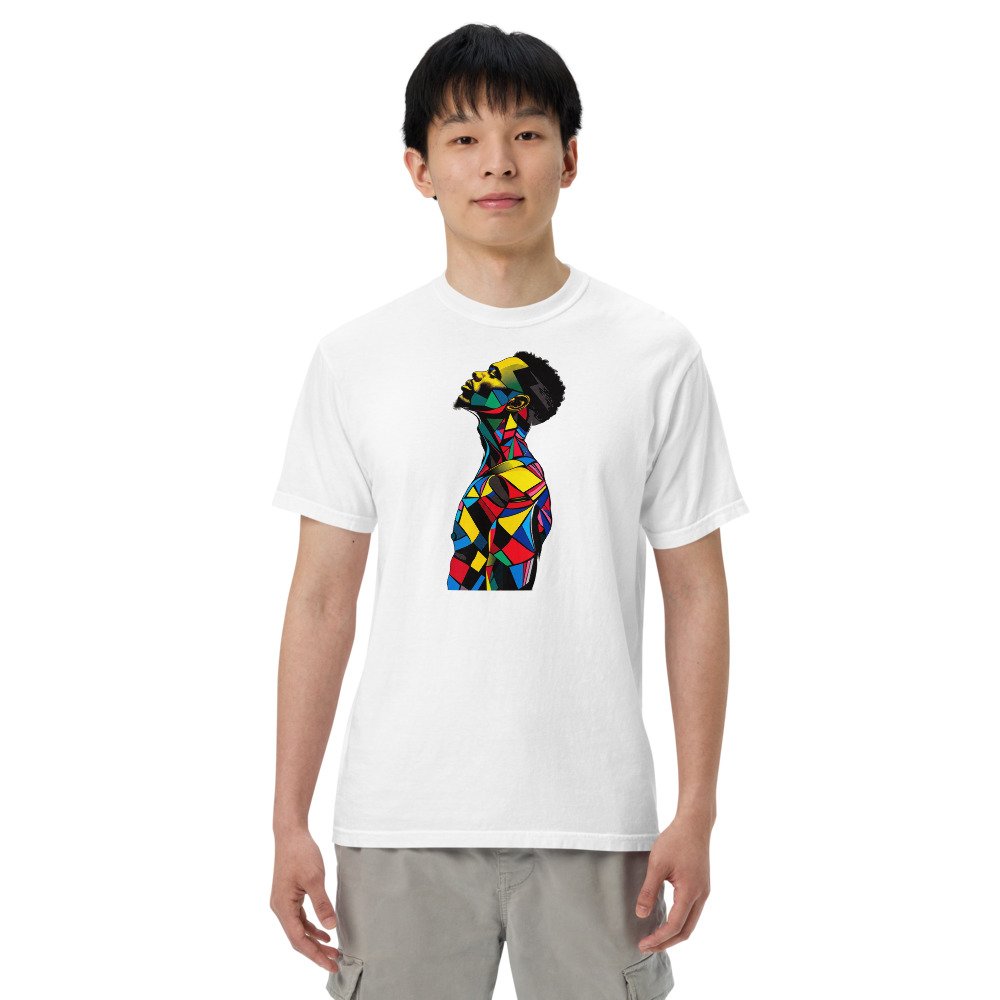 Harlequin Rise graphic tee, Heavy T in White, worn by a man