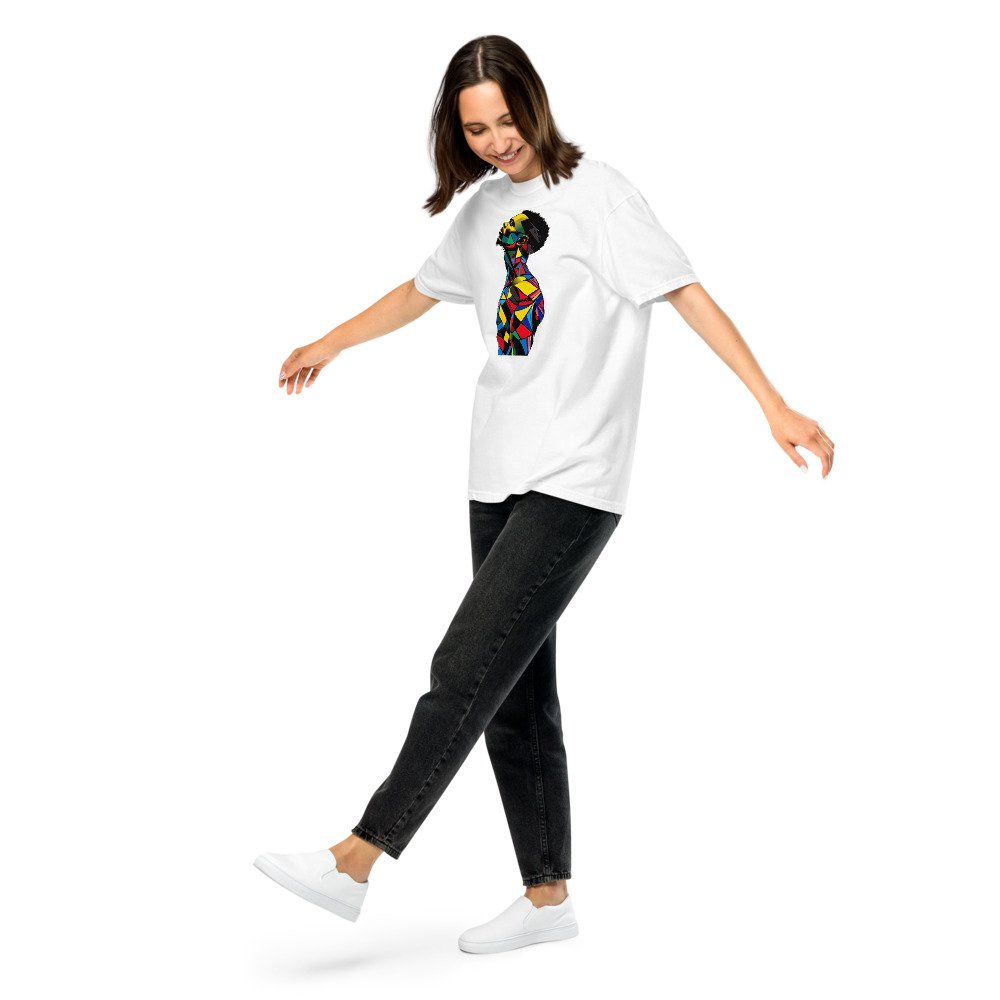 Harlequin Rise graphic tee, Heavy T in White, worn by a woman