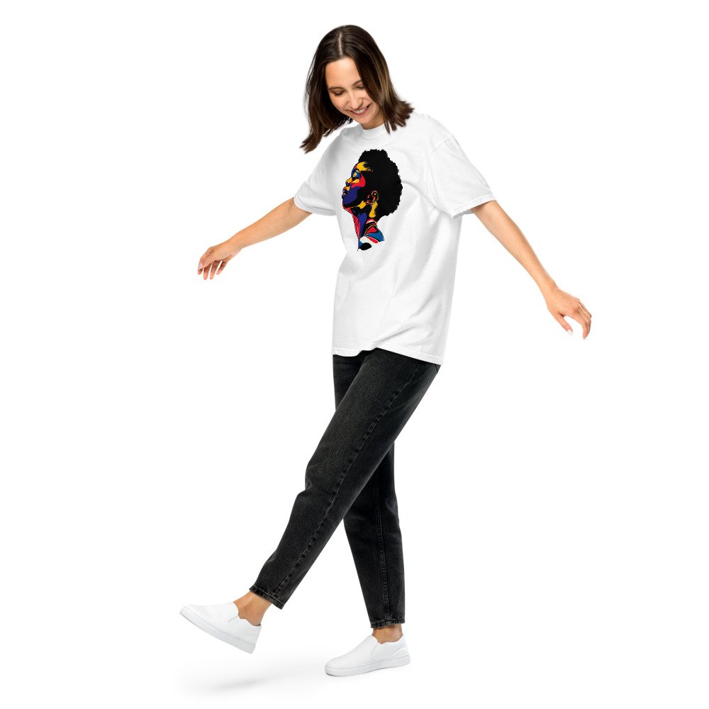 Higher Ground graphic tee, Heavy T in White, worn by a woman