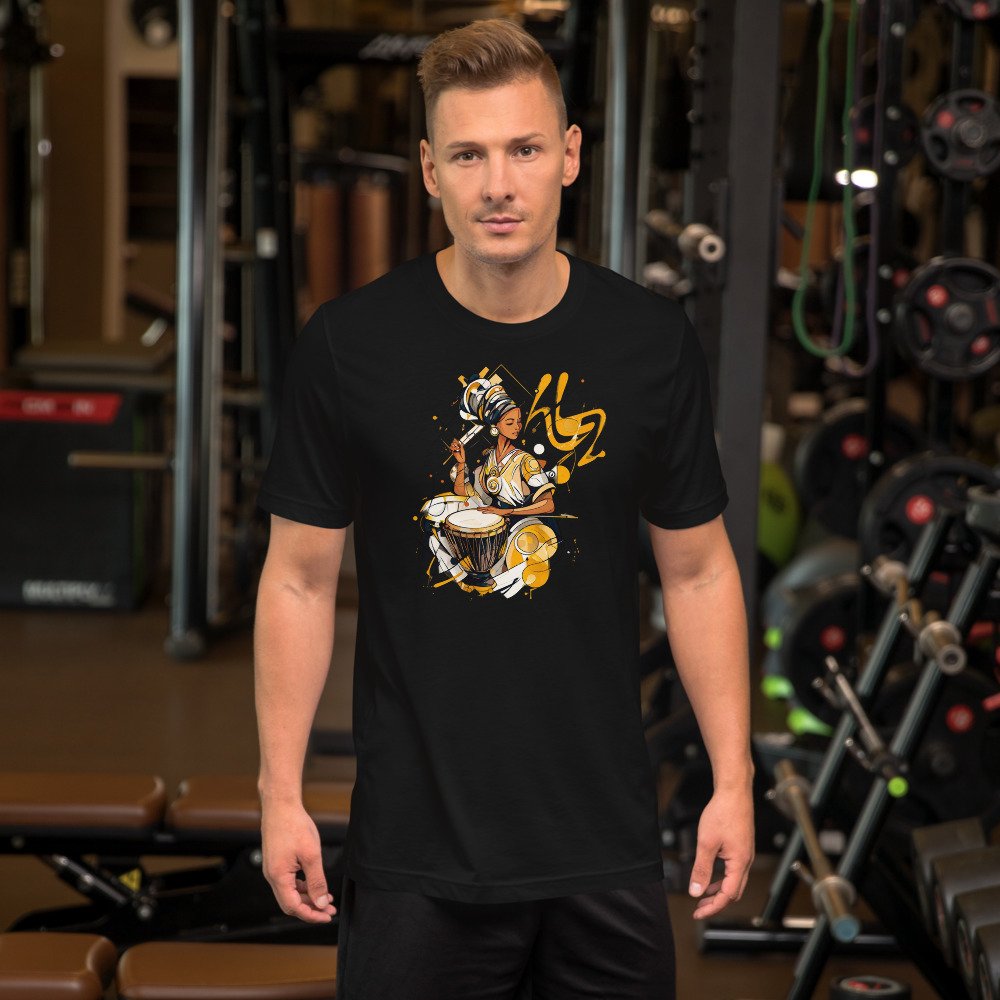 Ink & Gold Drummer graphic tee, Fitted T in Black, worn by a man