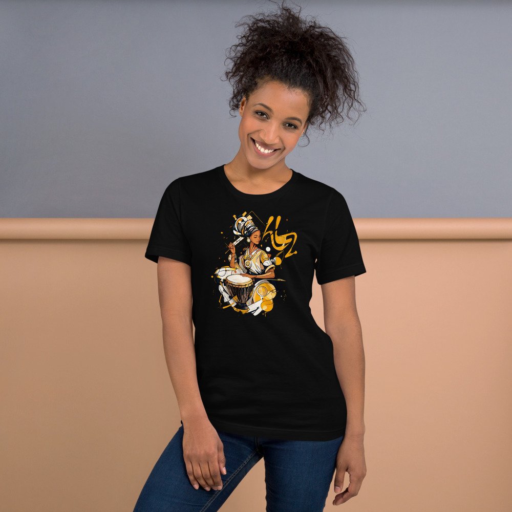 Ink & Gold Drummer graphic tee, Fitted T in Black, worn by a woman