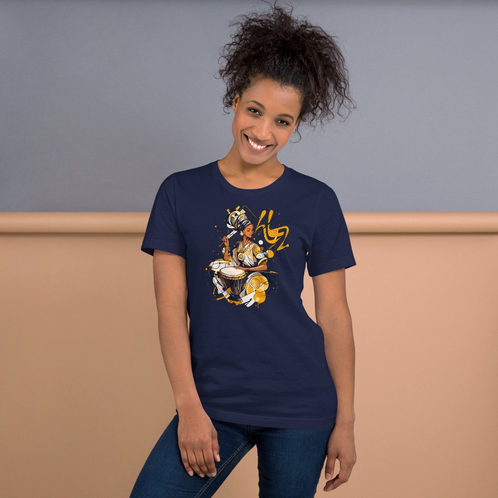 Ink & Gold Drummer graphic tee, Fitted T in Navy, worn by a woman